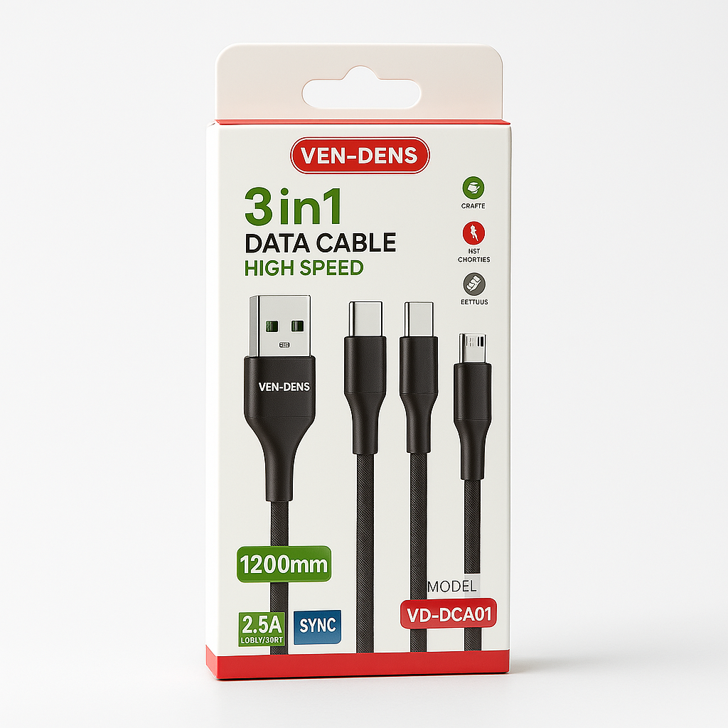 VEN-DENS 3-in-1 High-Speed Charging Cable – USB to Type-C, Micro-USB & Lightning (1200mm)