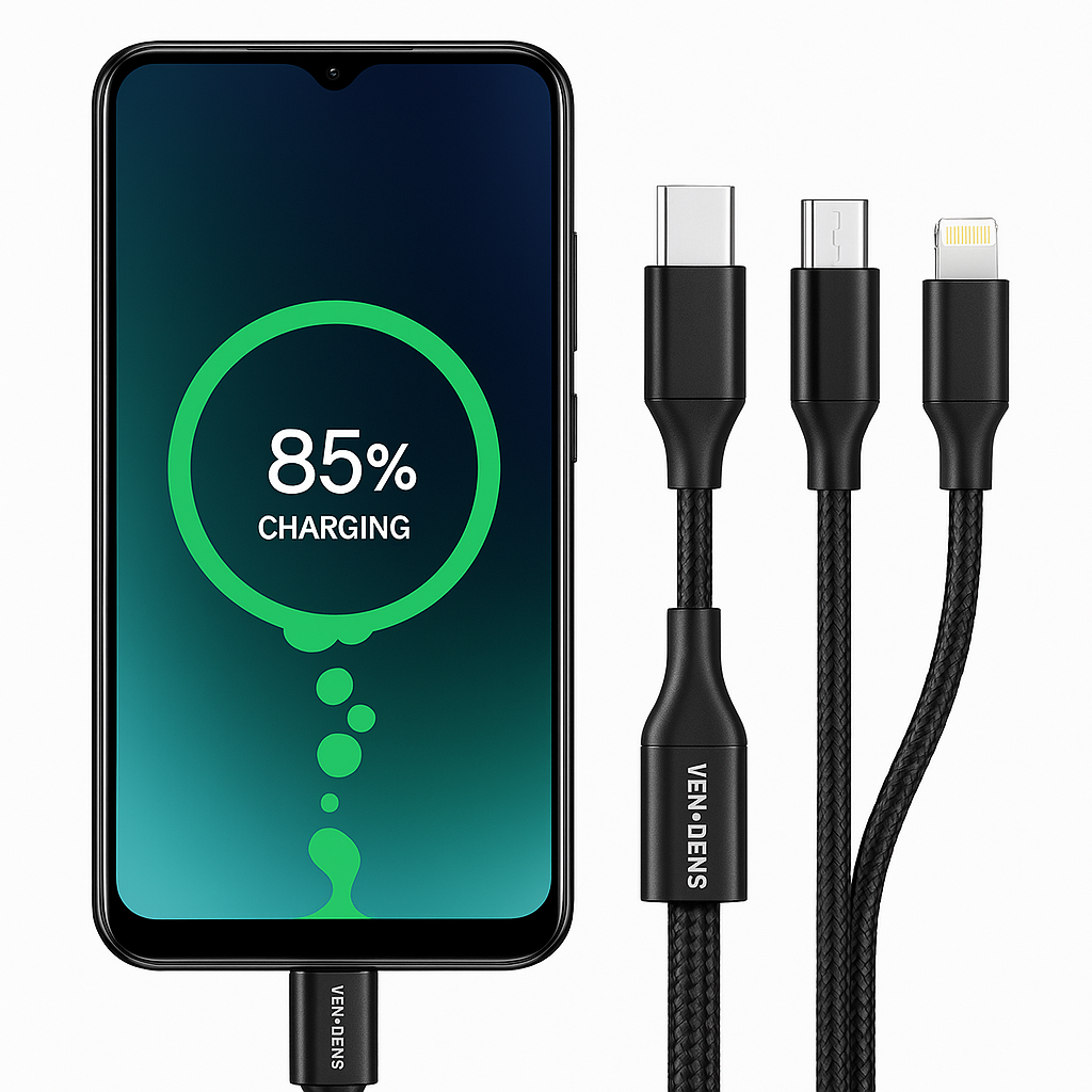 VEN-DENS 3-in-1 High-Speed Charging Cable – USB to Type-C, Micro-USB & Lightning (1200mm)