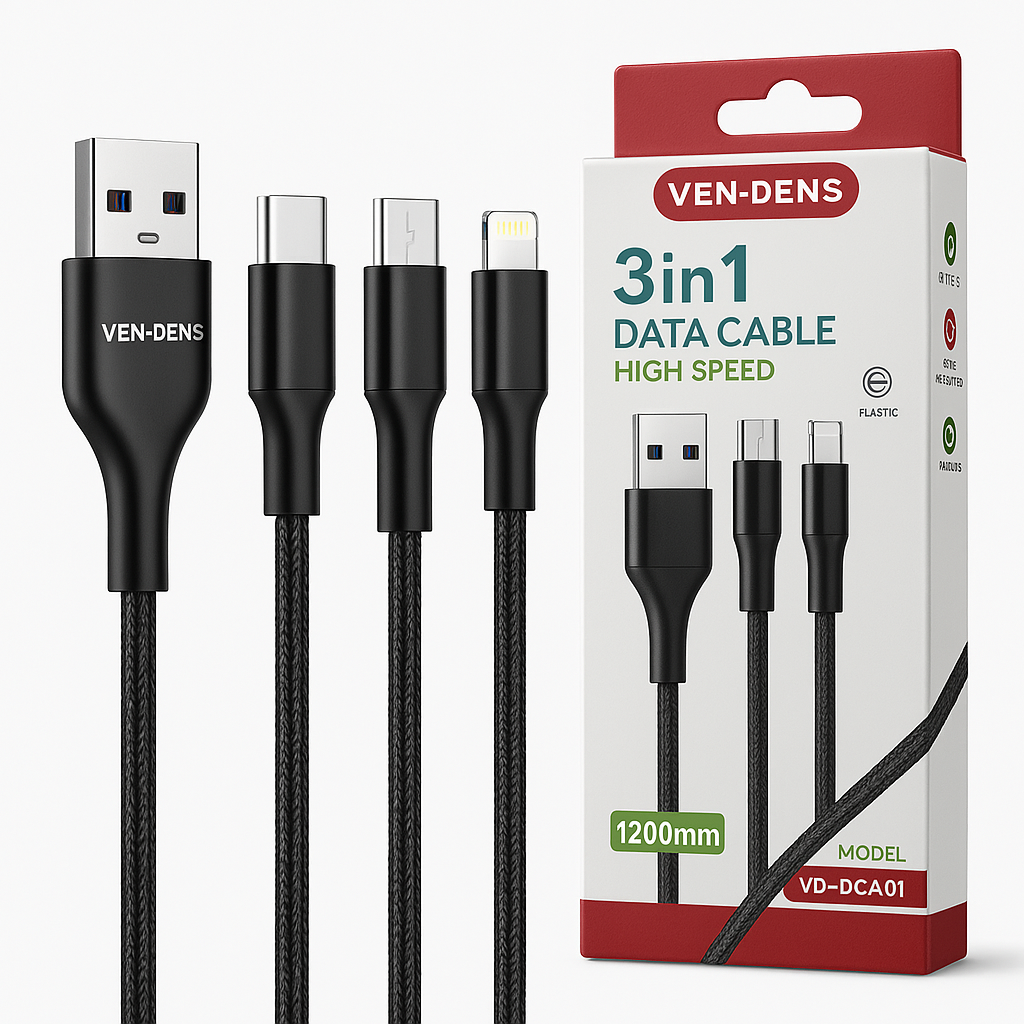 VEN-DENS 3-in-1 High-Speed Charging Cable – USB to Type-C, Micro-USB & Lightning (1200mm)
