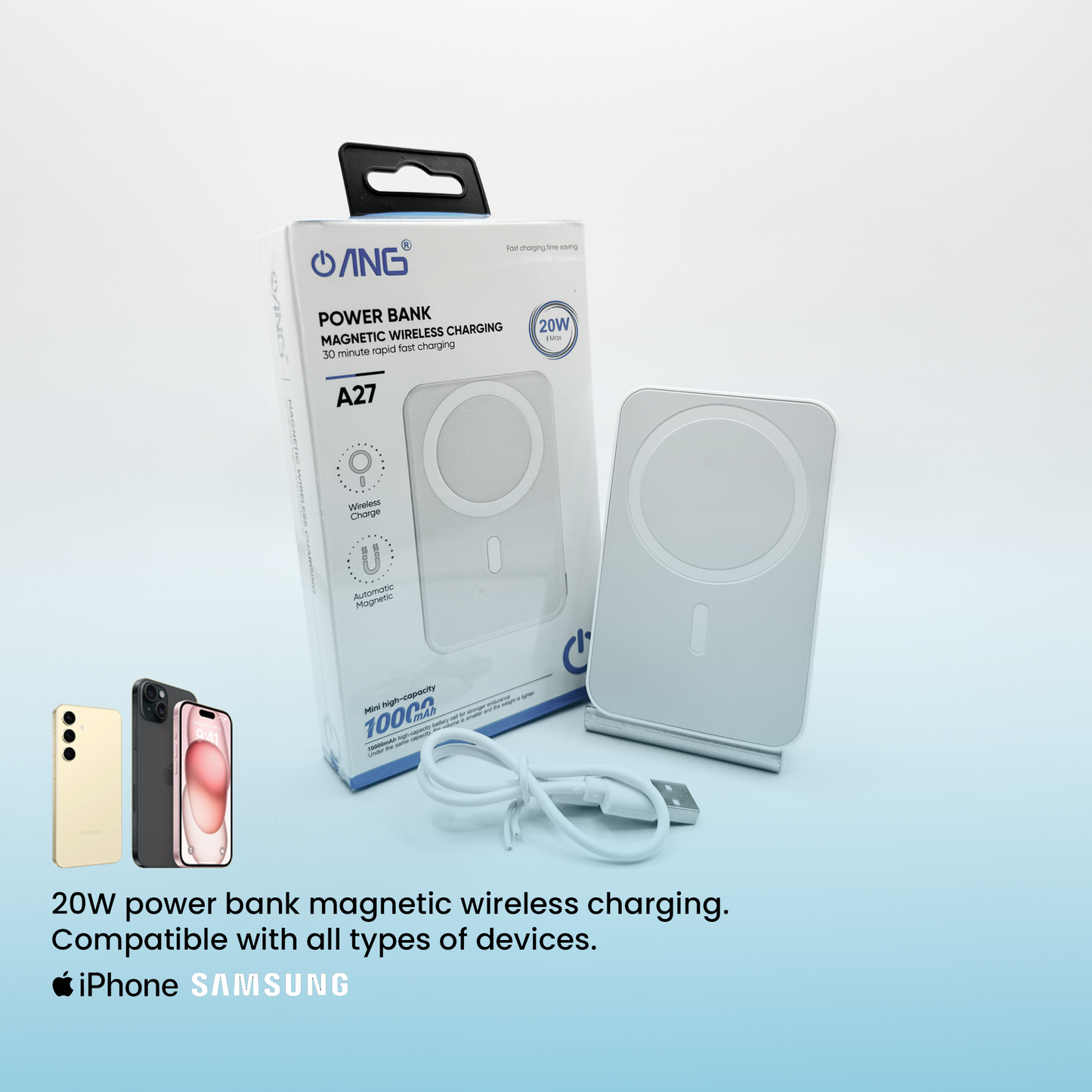 ANG A27 Magnetic Wireless Power Bank – 10,000mAh | 20W Fast Charging